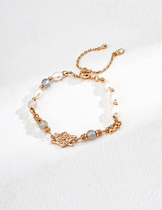 S925 Vintage Style Freshwater Pearl Grey Moonstone Hand-knitted