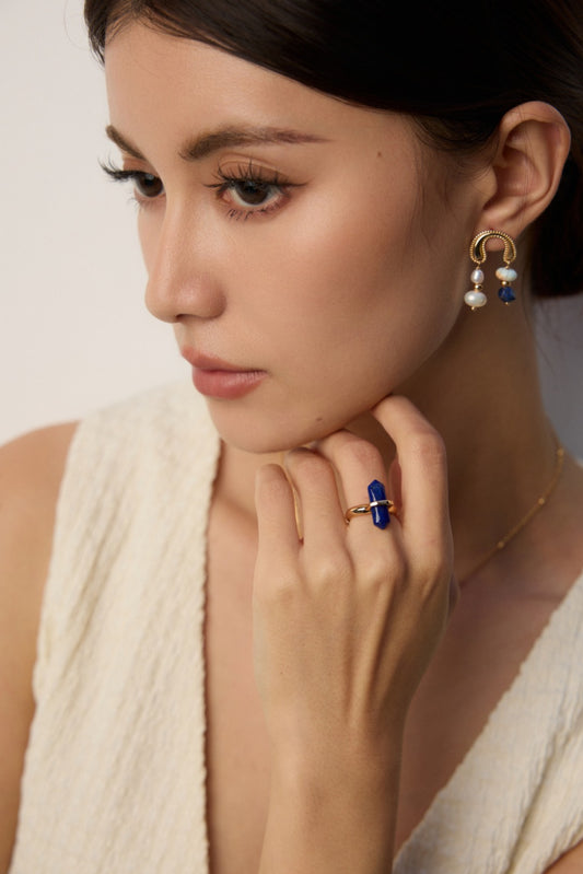 S925 Simple Natural Lapis Lazuli Gold-Coated Ring