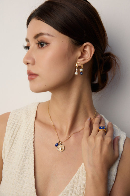 S925 淡水パール×ラピスラズリ×天然石 シンプルピアス
