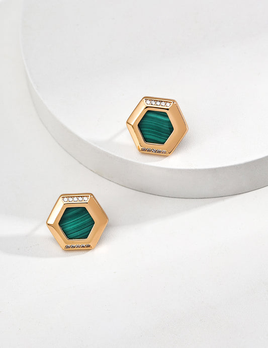 S925 Malachite & Zirconia Simple Earrings Vintage Gold