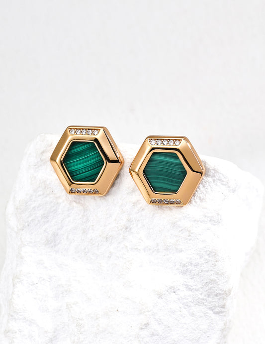 S925 Malachite & Zirconia Simple Earrings Vintage Gold