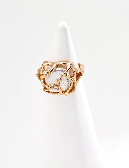 S925 Freshwater Pearl & Cubic Zirconia Elegant Design Ring, 2 Colors