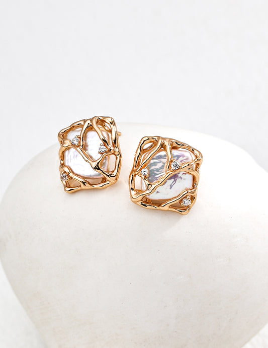 S925 Freshwater Pearl & Zirconia Elegant Vintage-Style Pierced Earrings 2 Colors