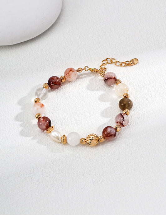 S925 Natural Red Quartz x Crystal x Freshwater Pearl Vintage Bracelet