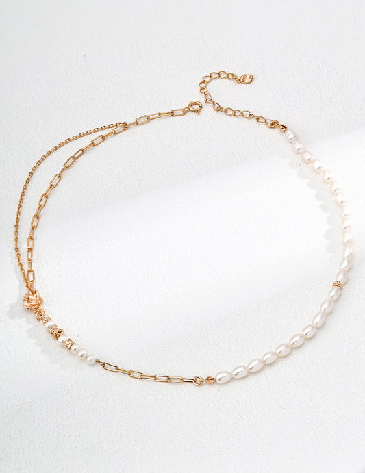 S925 Thorn Rose Carved Freshwater Pearl Vintage Style Gold Necklace
