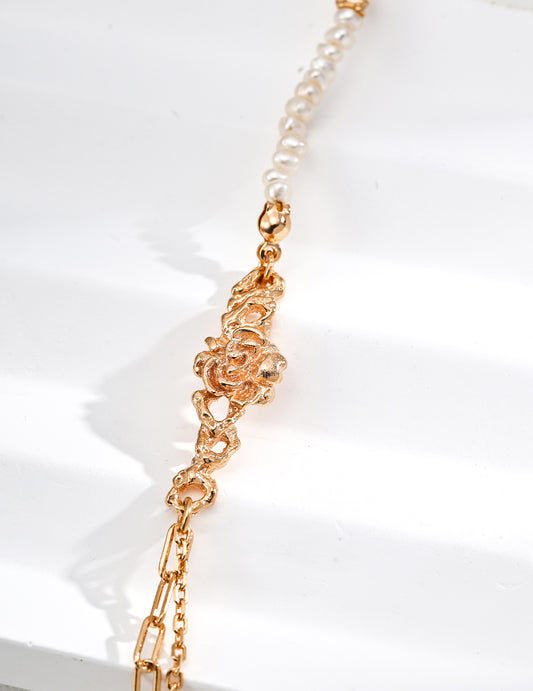 S925 Thorn Rose Carving Freshwater Pearl Vintage Style Gold Bracelet