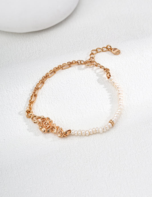S925 Thorn Rose Carving Freshwater Pearl Vintage Style Gold Bracelet