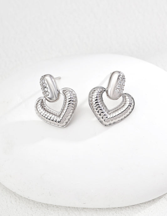 S925 Zirconia Heart Motif Vintage-Style Earrings