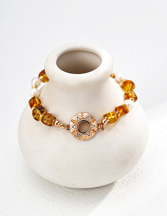S925 Natural Amber x Freshwater Pearl Sun Flower Motif Vintage Bracelet