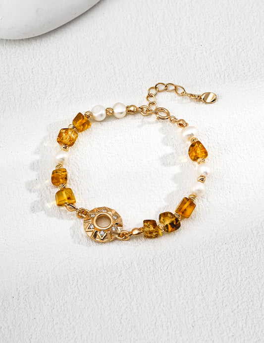 S925 Natural Amber x Freshwater Pearl Sun Flower Motif Vintage Bracelet