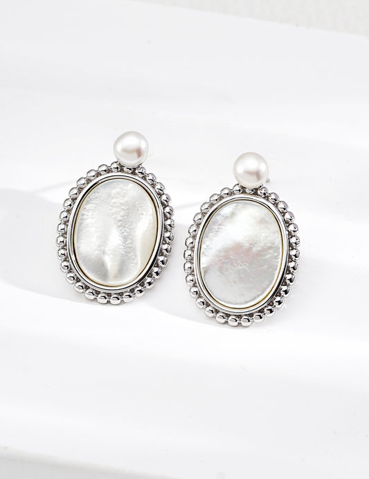 S925 Natural Shell and Silver Bead Earrings - Classical Beauty in Design
