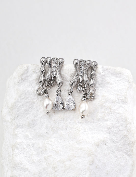 S925 Classic Modern Hairline Finish Zirconia Design Pierced Earrings