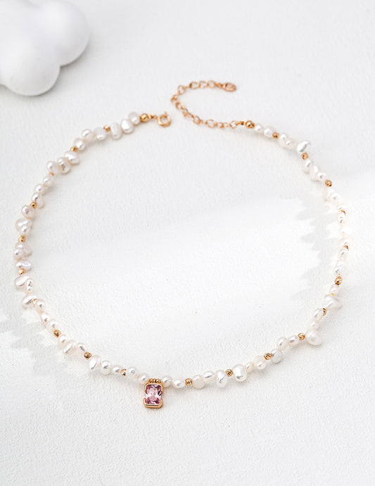 S925 Pink Zirconia x Freshwater Pearl Feminine Necklace