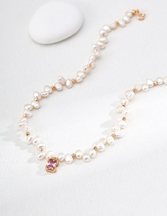 S925 Pink Zirconia x Freshwater Pearl Feminine Necklace