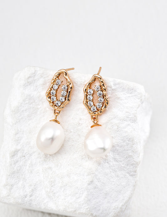 Freshwater Pearl, Cubic Zirconia, Honey Melt Gold-Plated Design Earrings