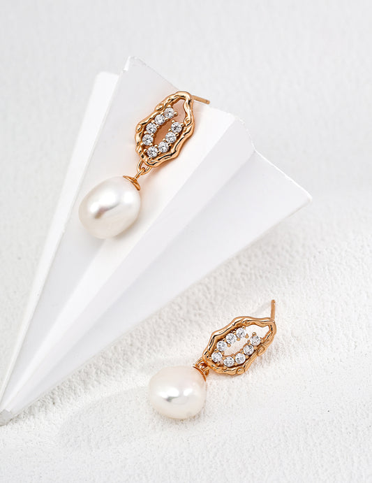 Freshwater Pearl, Cubic Zirconia, Honey Melt Gold-Plated Design Earrings