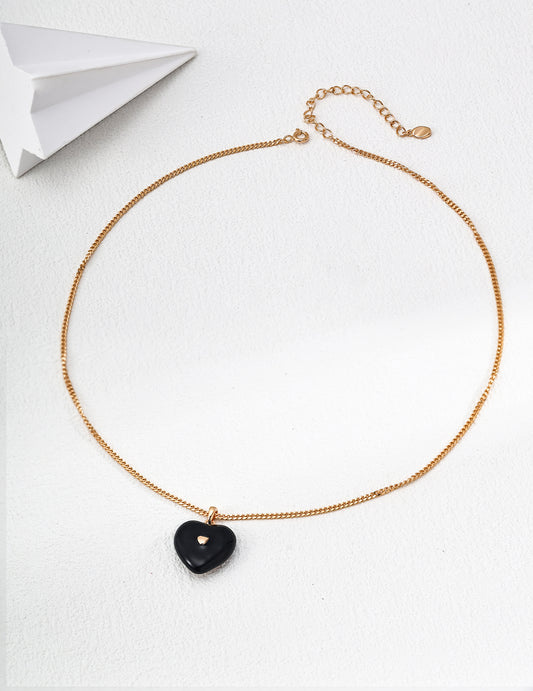 Vintage-style Black Enamel Heart Necklace, Silver 925