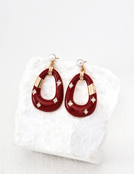 シルバー925 レッドエナメル＆淡水パール ジルコニア ピアス
