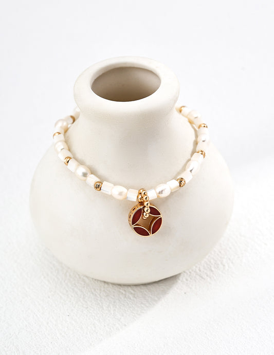 Sterling Silver 925 Freshwater Pearl & Shell Ancient Coin Motif Bracelet