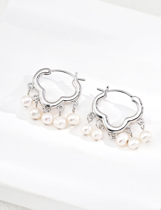 Silver 925 Auspicious Cloud x Peace Lock Motif Freshwater Pearl Earrings: Modern Chinese Classical Beauty