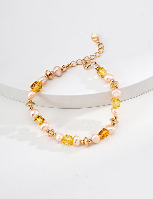 S925 Classical Bracelet with Natural Amber and Champagne Pearls