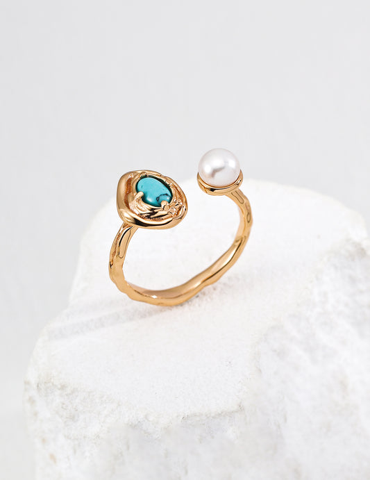 Mother of Pearl Turquoise Ring Lava Design S925 Gold Plated
