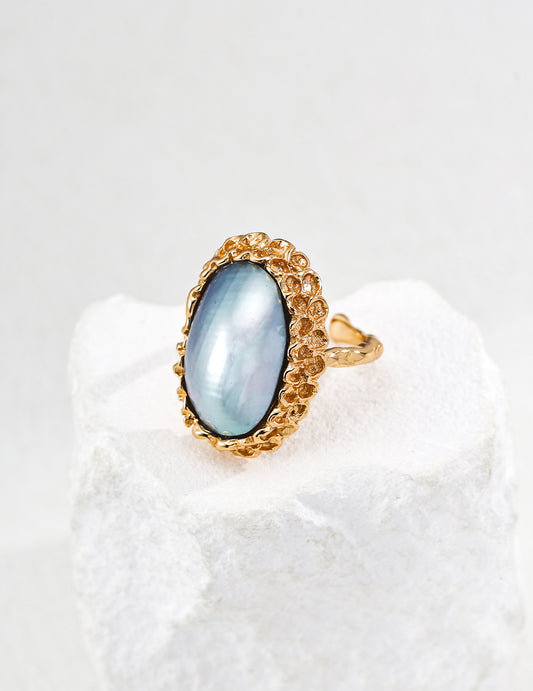 Hand-carved Sterling Silver 925 Vintage Mabe Pearl Ring Natural Shell