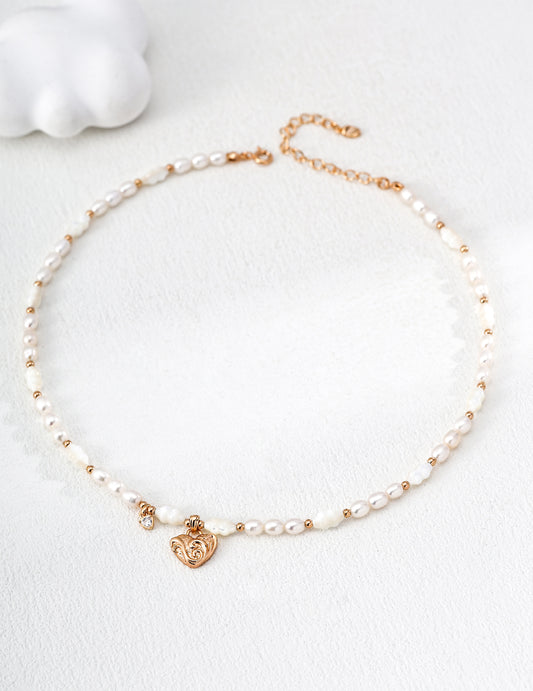 Heart and Arabesque Engraved Shell Freshwater Pearl Necklace