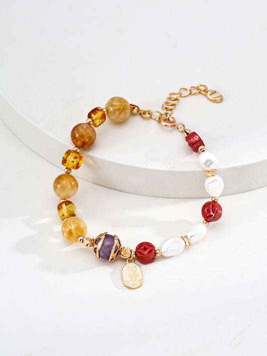 アメジスト×琥珀×淡水パール 辰砂コインモチーフ ブレスレット