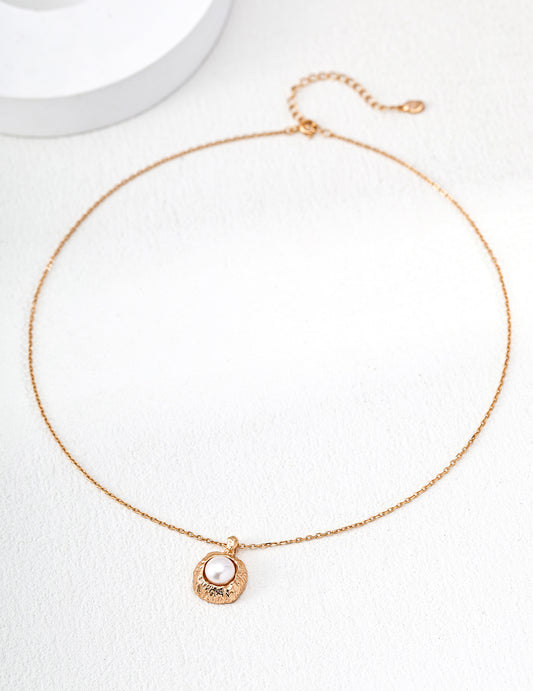 Hand-carved Conglomerate Texture Freshwater Pearl Gold Plated Necklace