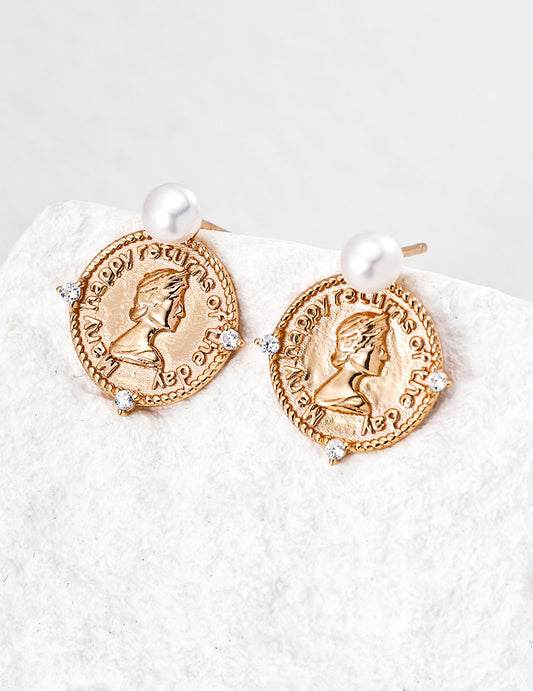 S925 Queen Motif Freshwater Pearl Earrings Vintage