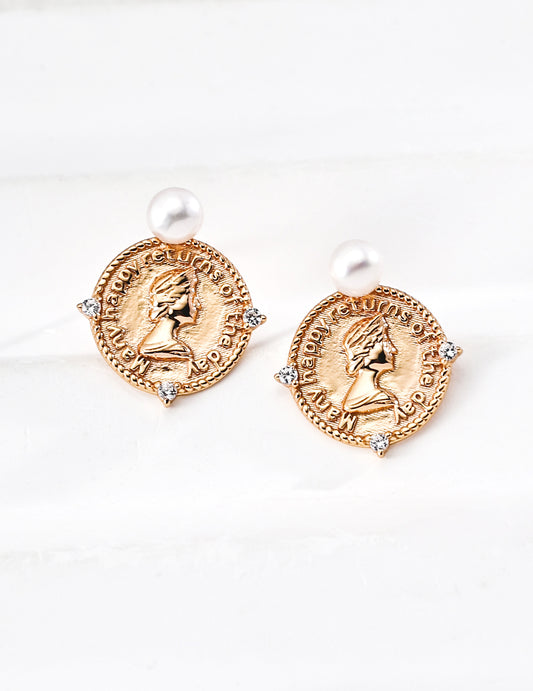 S925 Queen Motif Freshwater Pearl Earrings Vintage