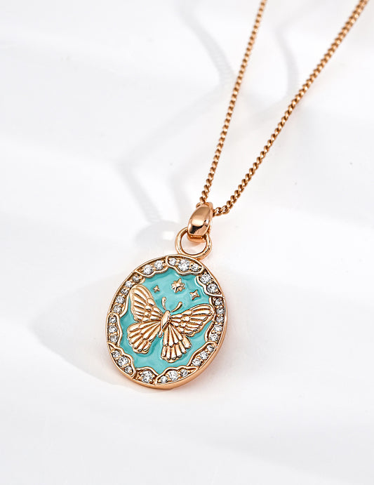 金メッキ ティーブルー バタフライネックレス 春の訪れを告げる美しい蝶