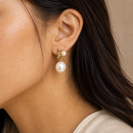 S925 Fashion Freshwater Pearl Earrings Vintage Gold E01311-2