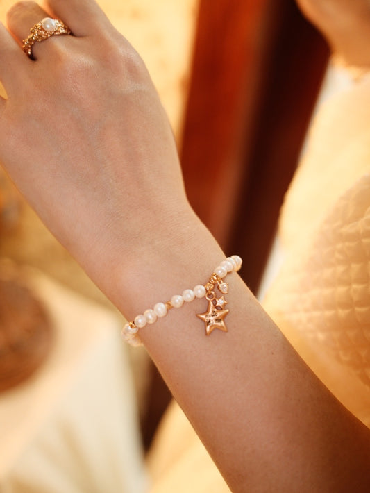 S925 Freshwater Pearl Bracelet, Vintage Gold, Elegant