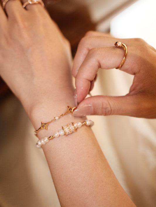 Freshwater Pearl and Zirconia Bracelet with Lucky Charm for Good Fortune