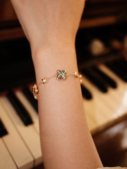 四葉のクローバー シェルブレスレット 幸運を運ぶ 白蝶貝＆アワビ貝