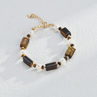 [Caramel] Tiger's Eye and Freshwater Pearl Classic Bracelet